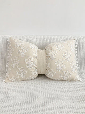 1pc Lace Embroidered Pom Pom Bow Decorative Waist Pillow Cover, Home Decor For Living Room, Sofa, Bedroom