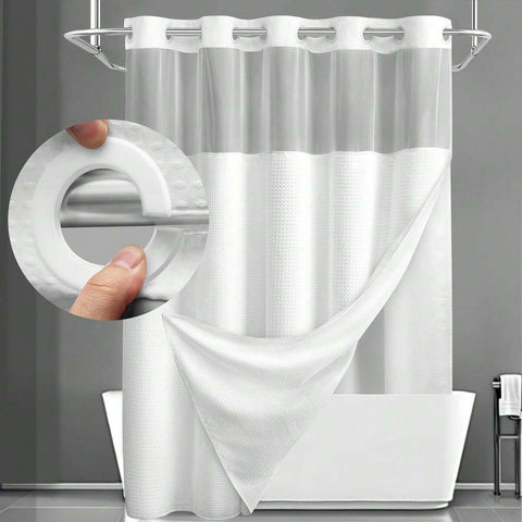 1PC Waffle Double Woven Shower Curtain, No Hook, Clear Top Window Hookless Shower Curtain With Snap Lined Waffle Shower Curtain Hotel Style Double Layer Machine Washable And Easy To Clean Bathroom Partition 72" X 75".